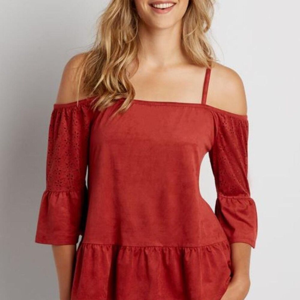 Maurices Women's Burgundy cold shoulder eyelet Blouse fall pumpkin patch